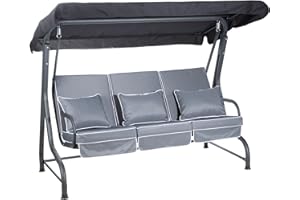 Alfresia Roma 3-Seater Garden Swing Seat | Outdoor Patio Swing Chair with Adjustable Waterproof Canopy and Luxury Cushions | Charcoal Canopy and Frame | Grey Luxury Cushions