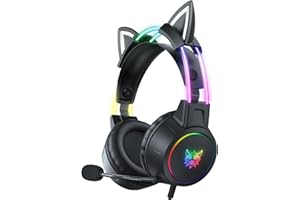 PHNIXGAM Katzenohren Gaming Headset mit Mikrofon, 3,5mm Leichte Kopfhörer mit RGB Aluminium Rahmen, Surround Sound, Kompatibel mit PS4 PS5 Xbox One (Adapter Nicht enthalten) PC Handy, Schwarz
