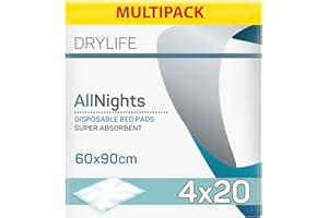 Drylife All Nights Alèses de Lit Jetables pour la Protection de la Literie ou du Fauteui | Niveau d'Absorption = 1200ml - 60cm x 90cm (4 Lot de 20)