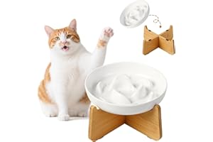 PTOBER Gamelle Anti Glouton Chat Surélevée - Gamelle Mélamine avec Support en Bambou Antidérapant - Bol Chat pour Alimentation Lente - Série Pastel avec Motif Labyrinthe - Blanc Ivoire
