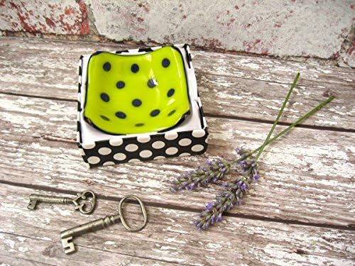 1 x Tiny yellow polka dot fused glass candle holder dish. Bright modern square design