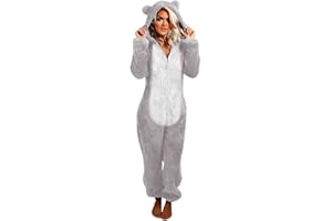 EMATOP Jumpsuit Damen Winter Warm Overall Teddy Fleece Einteiler Onesie Schlafanzug Kuschelig Lang Pyjama Flauschig Weich Hausanzug Einfarbig Schlafoverall mit Kapuze Reißverschluss Homewear
