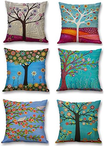Versub Oil Painting Home Decorative Cotton Linen Throw Pillow Cover Cushion Case Square Pillowslip for Party Wedding Birds Flowers 18 X 18'' (6 PCS, Tree)