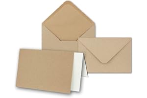 NEUSER PAPIER Karty z papieru typu kraft - ok. B6 z kopertami i wkładanymi kartkami - zestaw 50 szt. - kartki z recyklingu puste w kolorze brązowym - kartki pocztowe z możliwością zadrukowania
