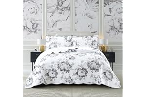 PRIME LINENS Luxury 3 Piece Quilted Printed Bedspread Set Throw Bedding Set Includes Soft Bed Throw Comforter with 2 Pillow Shams Embroidered Machine Wash (Vintage Floral Grey, King)