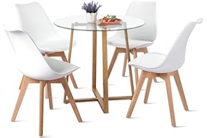 DORAFAIR Mesa de Comedor Moderna y Sillas, de Diseño Nórdico, Mesa de Cristal Templado y Sillas Blanca con Patas de Roble