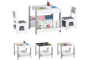 COSTWAY Kids Table and Chairs Set, Wooden Toddler Activity Tables with Reversible Tabletop, Bookshelves, Storage Bins, 3-Piece Children Furniture for Boys Girls (White+Grey, 61x61x56cm)