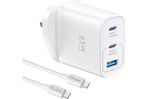 TOPADRE 65W USB C Charger, 3 Ports Fast Charger Plug with QC 4.0/PPS/PD 3.0, UK USB C Plug for MacBook Pro/Air, iPad Pro/Air, for iPhone 17 Air/16/15 Pro Max, for Galaxy S25/S24/S23/S22, Laptop, White