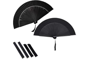 Nsiwem 2 Piezas Abanicos de Mano Negro Abanico Plegable de Mano Abanicos Plegables portátil con borlas Plegable Ventilador de Bambú Seda para Decoración DIY