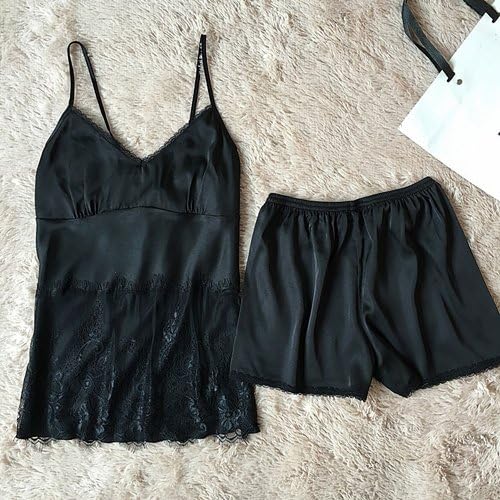 PPOJAS Female Lace Pajamas Sets Satin Silk Nightwear For Women Young Girls Lingerie Set Two-Pieces Pijamas Set Home Wear,Black Set,M