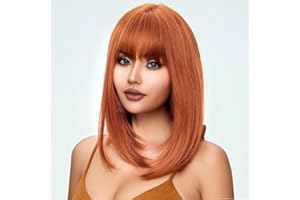PORSMEER Peruka do ramion, prosta, gładka, pomarańczowa, średniej długości z grzywką, dla kobiet i dziewcząt, naturalne, sztuczne włosy na karnawał, Halloween, imprezę, 40 cm