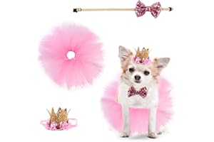 Nicoone Costume de Chien 3 Pièces,Rose Jupe Tutu Couronne Chapeau Paillette Noeud Papillon,Mignon Noeud Jupe Tutu pour Petits Chiens et Chats