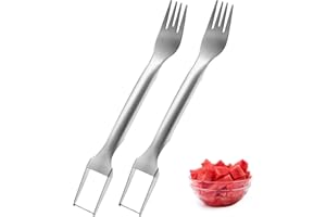 LIRCENTOUD 2-in-1 Wassermelonen Schneider,2 Stück Melonenschneider,Wassermelonen Gabelschneider,Edelstahl Wassermelonenschneider,Watermelon Fork Slicer,Schneidewerkzeug für für Cantaloupe, Drachenfrucht,Papaya
