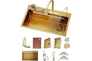 OMGMTSTORE Lavello A Cascata D'oro Con Tre In Uno Rubinetto Estraibile Lavello A Cascata In Acciaio Inox Con Accessori Multi-funzionale Singola Ciotola Workstation Lavello Completo Accessorio Set ( Color : Gold