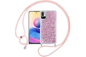 Pnakqil Funda Glitter Liquida con Cuerda para Xiaomi Poco M3 Pro/Redmi Note 10 5G 6.5",con Colgante Ajustable Collar Correa de Cuello Cadena Cordón y 1 Pack Cristal Templado Protector de Pantalla