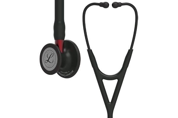3M Littmann Stéthoscope de diagnostic Cardiology IV, tubulure noire, Black Edition, base rouge, 69 cm, 6200
