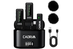 CADRIM Micrófono Lavalier inalámbrico para iPhone/Android con funda de carga de 500 mAh y pantalla LED, enchufe de micrófono de teléfono móvil, reproducción, reducción de ruido, para grabación de video,
