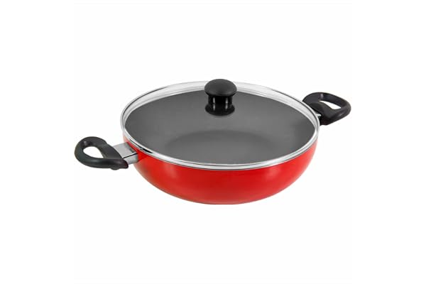 Butterfly Rapid Non Stick Kadai with Glass Lid 2.4 Litre 240 MM Induction Base Aluminium PFOA Free Scratch Resistant for Cooking Curry, Dal and Rice/Biryani Red