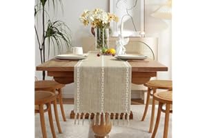 Wracra Camino de Mesa de Algodón con Tejido Calado, Estilo Campesino Camino de Mesa de 150cm de Largo con Borlas para Decoración de Mesas de Comedor, Cocina y Postres (Amarillo Almendra, 150cm)