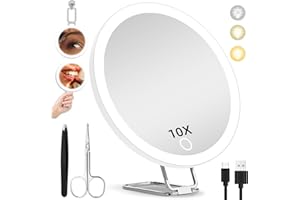 HMGGOOFA 10X Magnifying Mirror with Lights, Large 10x Makeup Magnifying Mirror, Lighted 10x Magnification Mirror with 360° Stand & Suction Cup, 6inch Travel Magnifying Mirror Portable 10x LED Magnifying Mirror