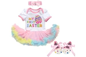 FYMNSI Neugeborenes Baby Mädchen Mein Erstes 1. Ostern Outfit Ostereier Hase Gedruckt Tütü Prinzessin Body Kleid Kurzarm Strampler mit Schuhe Stirnband 3tlg Easter Party Bekleidungssets Geschenk 0-18M