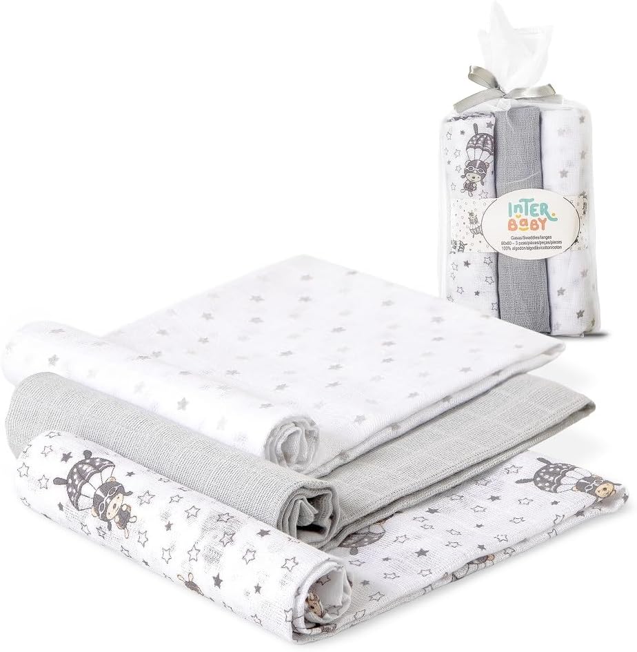 Interbaby Muselinas Bebe Algodon 80x80cm | Pack 3 Gasas para Bebes Recien Nacidos, Lactancia, Toalla, Manta | Muselinas Bebe Cómoda, Suave, Transpirable | Diseño Paracaidista Gris
