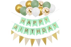 Elicola 14Pcs Happy Birthday Banner with Triangle Flag Confetti Balloons Sage Green Gold for Party Decorations