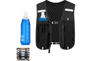 AUCANNIO Unisex Running Vest with 500ml Water Bottle & Phone Bag, Multi-pocket Adjustable Hydration Vest, Breathable Reflective Running Vest for Running Cycling Hiking and Outdoor Climbing