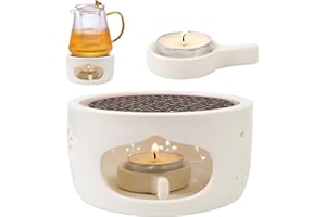 JOLIGAEA Chauffe-théière en Céramique, Réchaud pour Théière avec Cuillère et Tapis de Poêle, Théière Réchauffeur Chauffe céramique, Garde Au Chaud - pour Thé, Cafetière Et Boissons Chaudes avec Bougie