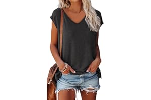 OLIPHEE Femmes Cap Sleeve T-Shirts À Manches Courtes Col en V Casual T-Shirts De Base D'été Lâches