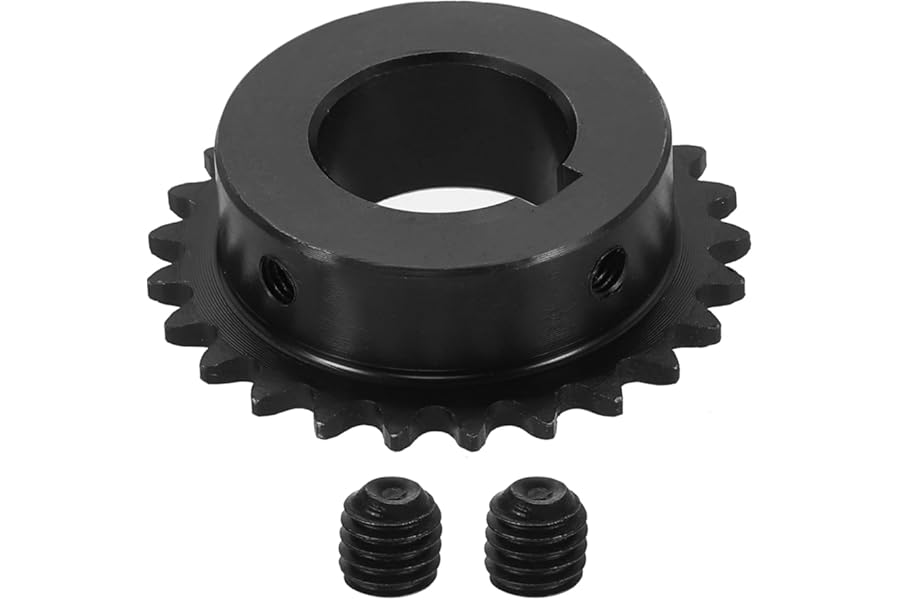 sourcing map #25 Chain Roller Sprocket 22mm Bore 53.5mm OD, 25 Tooth C45 Carbon Steel ANSI #25 Roller Sprocket Round Hole with 6x2.8mm Keyway & Set Screws for ISO 04C Chain, Black