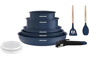 Arthur Martin - Batterie de Cuisine 10 Pièces, Poêles 20-22-26 cm, Casseroles 16-18 cm, Couvercles Hermétiques, Ustensiles en Bois et Silicone, Aluminium 2,5 mm, Céramique, Bleu