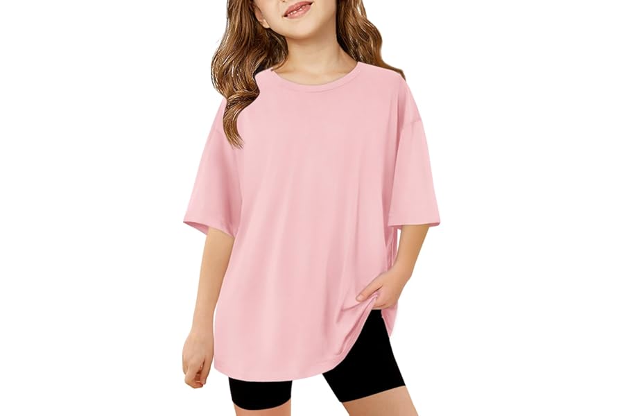 Haloumoning T-Shirts Girls Round Neck Short Sleeve Plain Casual Sports Tops Kids Summer Oversized Shirts Casual Basic Tops