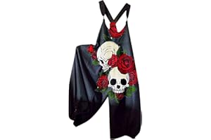WOXIHUAN Tuta Estiva da Donna Jumpsuit per Ragazza Pagliaccetti Etnici con Bretelle Tuta Casual Senza Maniche con Scollo Quadrato Stampa Teschio Monopezzi E Tutine Tuta Intera Bohémien Tuta Larga Taglie Forti