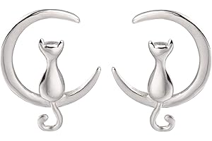 MEOW STAR Mignon Chat Moon Boucles d'oreilles S925 Sterling Silver Chaton Assis sur La Lune Kitten Boucles d'oreilles pour Femme