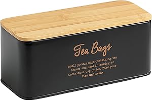 MOPITA SMART LIVING LOFT di Q.B. by MOPITA, Contenitore Bustine Tè e Tisane "TeaBags" in Acciaio Galvanizzato Con Coperchio in Bamboo, Porta Bustine da Tè Rettangolare, Colore Nero