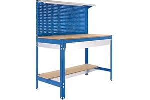 SimonRack Etabli d’Atelier, Capacité de Charge 600 kg, 1445x1510x610 mm, Panneau Perforé avec 1 Étagère, Étagère Tiroir de Rangement, Table de Travail Bricolage, Bleu/Bois - BT3
