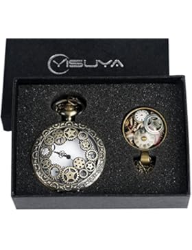 fasiou Vintage Bronze Hohl Gears Quarz-Taschenuhr mit Halskette Geschenk Set Anhänger für Männer Frauen