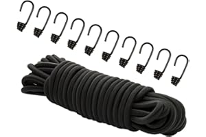 DREAMPRINT Cuerda expansora 20 m Cuerda de Goma Negra 8 mm Cuerda de tensión de Goma Cuerda de Lona Cuerda de Goma + 10 Ganchos en Espiral para Ganchos de 8 mm Ganchos de Metal