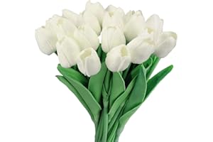 GIUSOBG Tulipani Artificiali 15 Pcs Fiori Artificiali Finti 34cm Tulipani in lattice Fiori Finti di Realistici Bouquet di Fiori finti per Casa per Matrimoni,Giardino (Bianco)