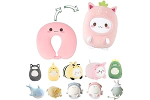 JOYRAVO Dziecięca poduszka podróżna 2 w 1, odkształcana poduszka pod kark, miękka poduszka w kształcie litery U z uroczymi pluszowymi zabawkami, przytulny towarzysz spania i zabawy w samolotach i w