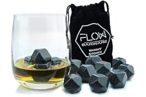 FLOW BARWARE Whisky Stones Eiswürfelsteine aus Granit, wiederverwendbar 9 x Polished Diamond Whisky Stones grau