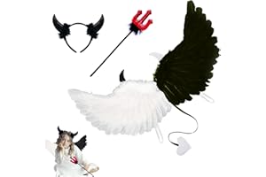 LXWINNER Ali d'angelo, ali con aureola e bacchetta, costume angelo Bianco Nero donna, costume angelo Bianco Nero, ali d'angelo per bambini adulti Halloween Carnevale Masquerade Fancy Dress Party Cosplay