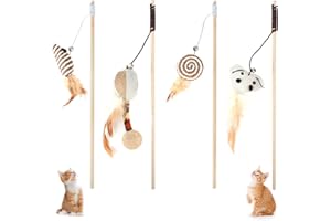 BAIYUANLI Giochi con Piume per Gatti 4 Pezzi Interattivi Gatto con Campana, n Corda Elastica, Canna da Pesca Giocattolo per Gatti, Giocattoli Interattiva per Giocare e Fare Esercizio- Colore Casuale