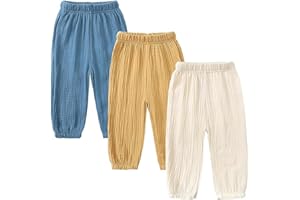 AOOPOO Lot de 3 Pantalon Bloomers Été pour Bébé Pantalon en Coton Lin Pantalon Bouffant à Couleur Unie Pantalons de Survêtement Harem Été Pantalon Long Décontracté Jogging pour Garçon Fille 1-8 Ans