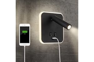 TWSXTE Applique da comodino orientabile Porta di Ricarica USB Lampada da Parete camera da letto Faretto da camera da letto luce per la lettura 3000K (3W + 10W)