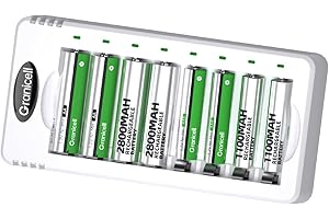 Granicell Rechargeable Batteries with Charger, 8-Bay Smart Charger, Individual Slots, 4 AA 2800mAh and 4 AAA 1100mAh Low Self-Discharge NiMH Batteries