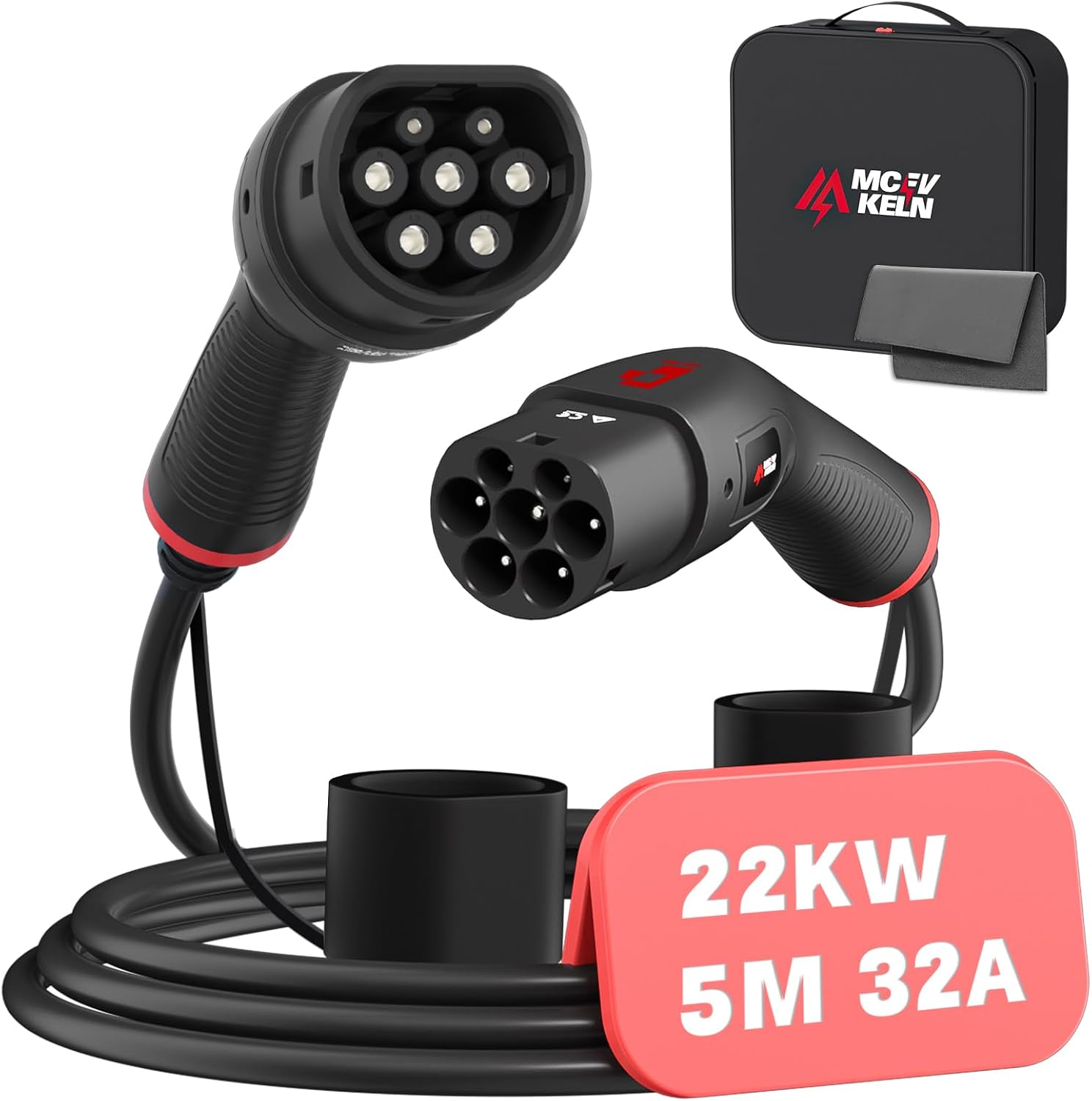 MCEVKELN Cable de Carga Coche Electrico Tipo 2 |32A 22KW | Trifásica |5 Metros |Tipo 2 a Tipo 2 | Cargador EV Cable de Carga IEC 62196-2 para Vehículos Eléctricos y Híbrido Plug-in, con Bolsa