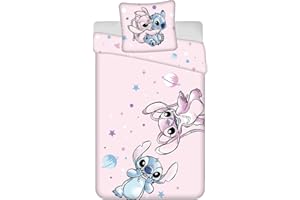 JERRY FABRICS Parure de Lit Enfant Stitch et Angel Universe, 100% Coton, Housse de Couette 140x200 cm + Taie d'oreiller 65x65cm,