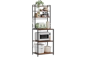 WOLTU Scaffale da Cucina con 6 Ripiani, Scaffale per Microonde con 6 Ganci, Struttura in Metallo, Legno Ingegnerizzato, 60x40x167cm, Marrone Rustico+Nero